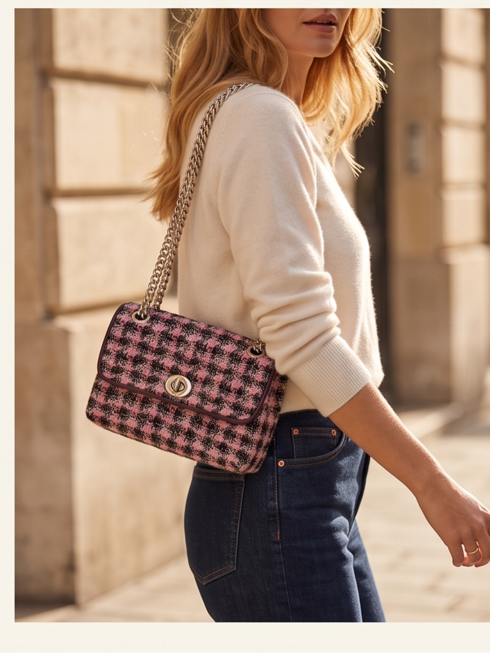 kate spade Pink and Black Tweed Chain Shoulder Bag